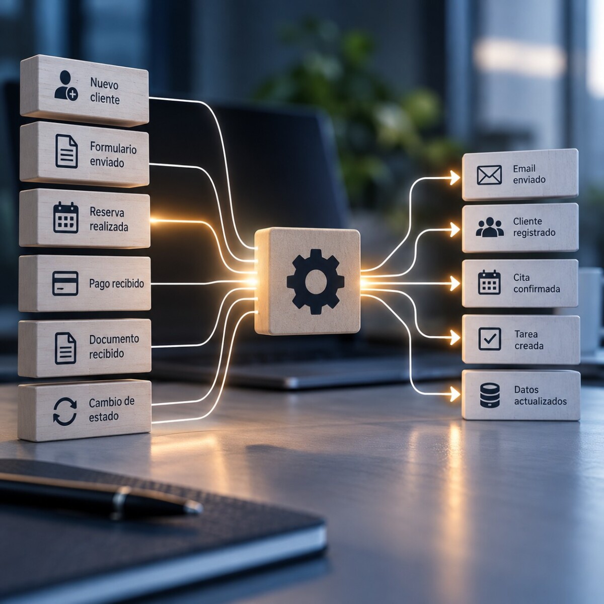 Arquitectura de automatización basada en eventos y webhooks para optimizar recursos tecnológicos