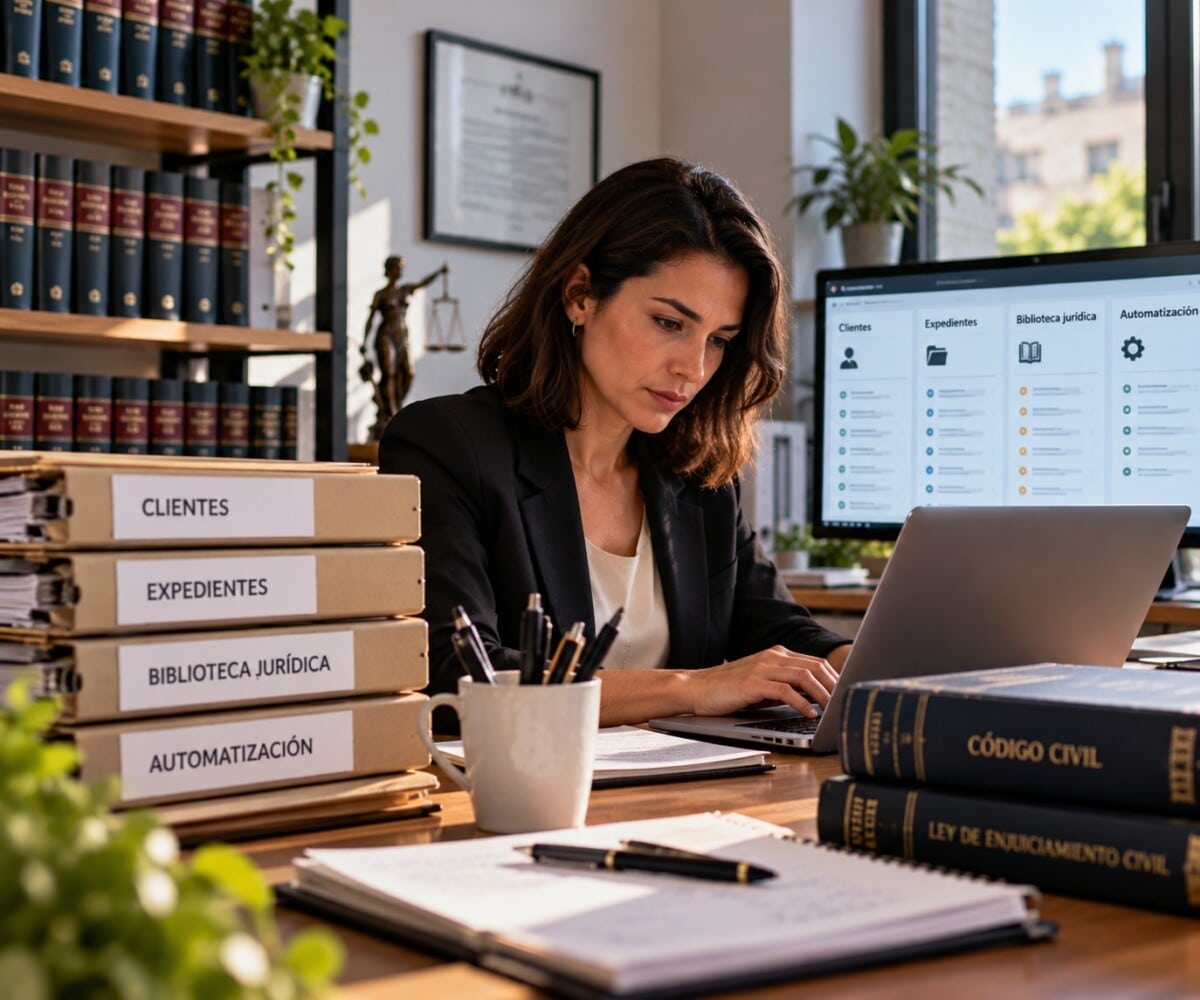 Abogada trabajando con tecnología jurídica en la gestión de expedientes y automatización legal