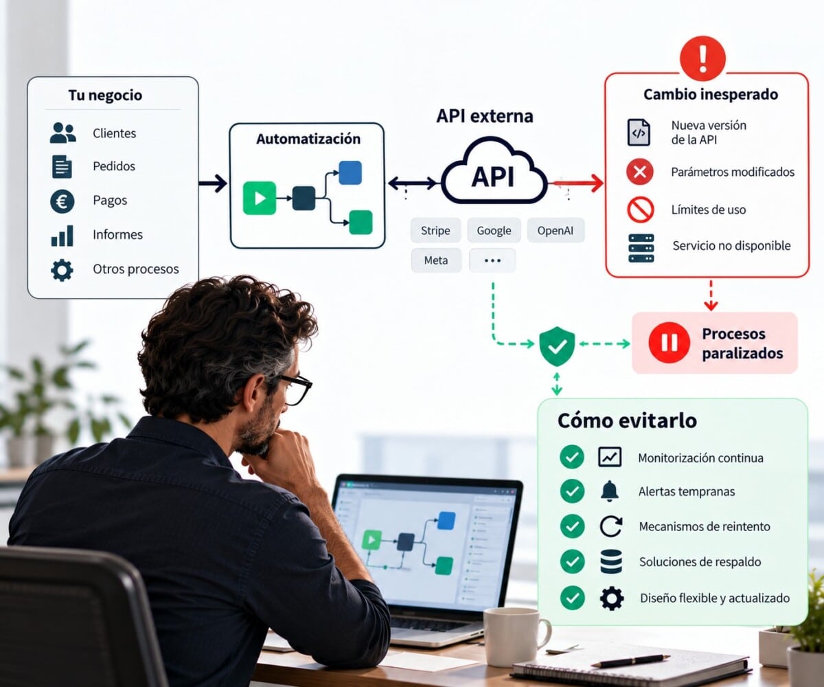 Esquema de arquitectura segura frente a fallos y dependencias de APIs externas en automatizaciones de pymes
